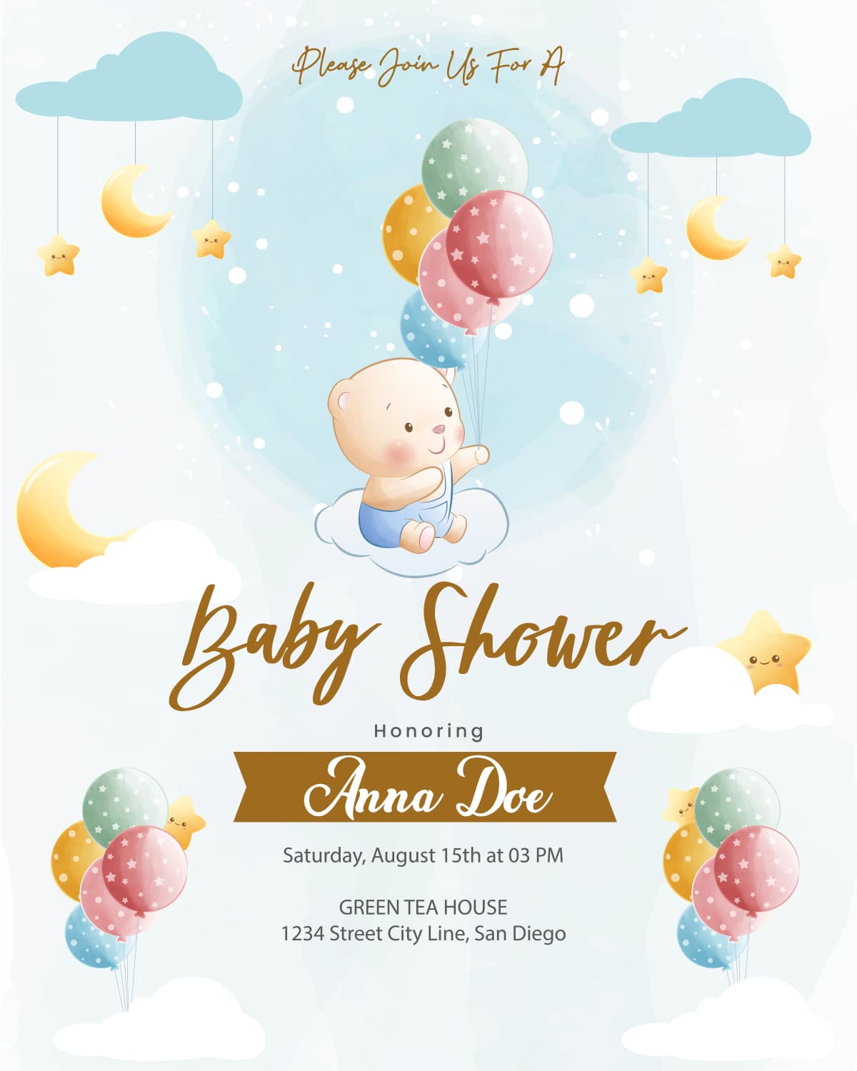 Dreamy Teddy template preview - Soft pastel balloons and a cuddly bear for a sweet and cozy baby shower