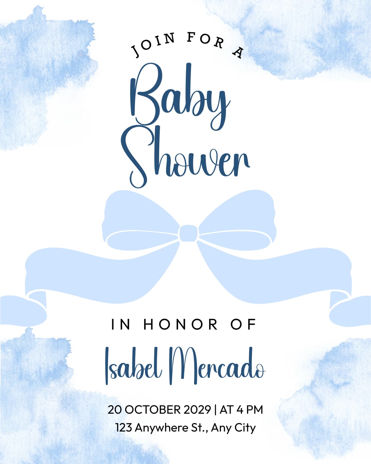 Pure Blue Bow template preview - A classic, clean design with a soft blue ribbon for a timeless baby boy arrival