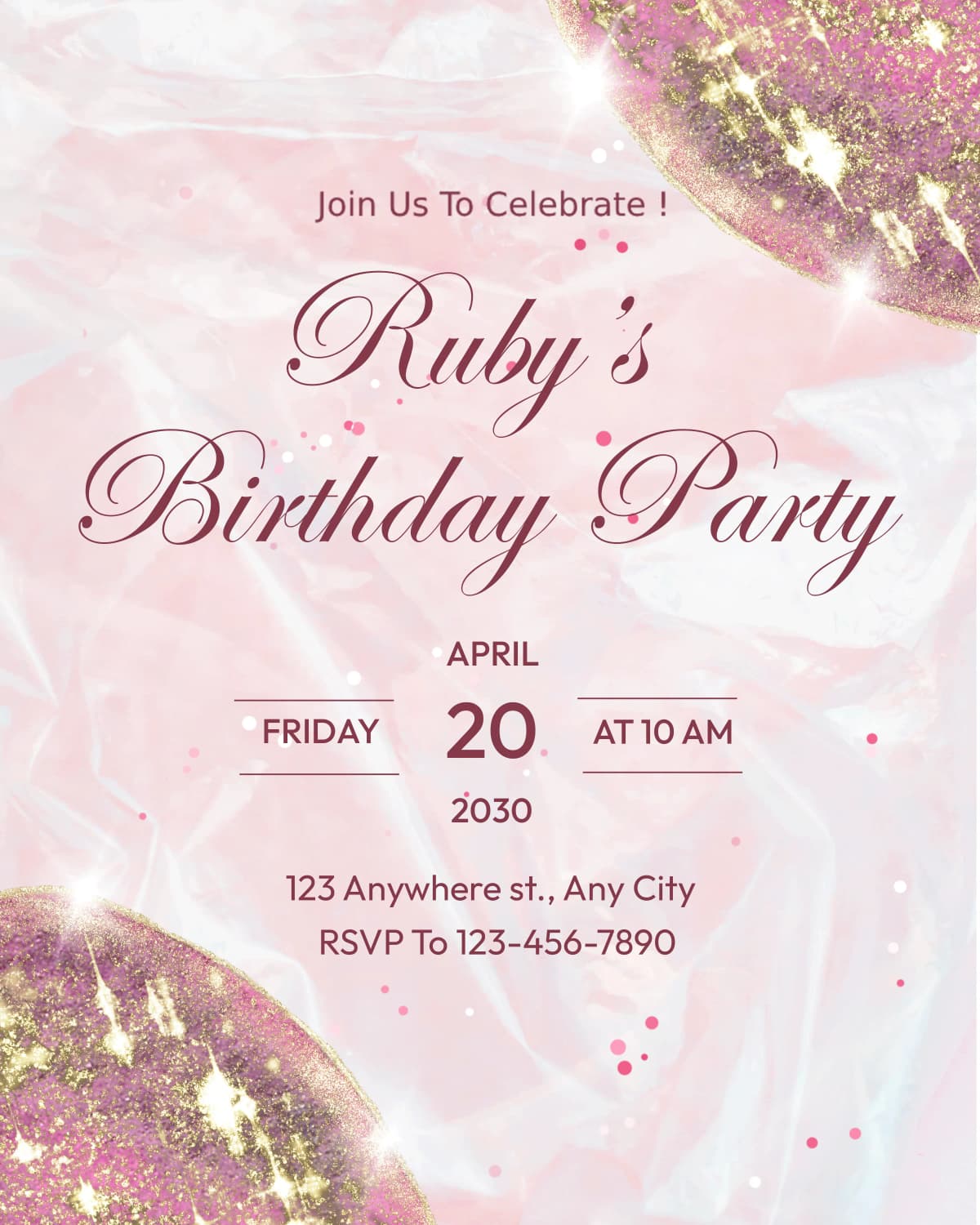 Ruby Sparkle template preview - Glittery textures and soft pink clouds for a glamorous, star-like celebration