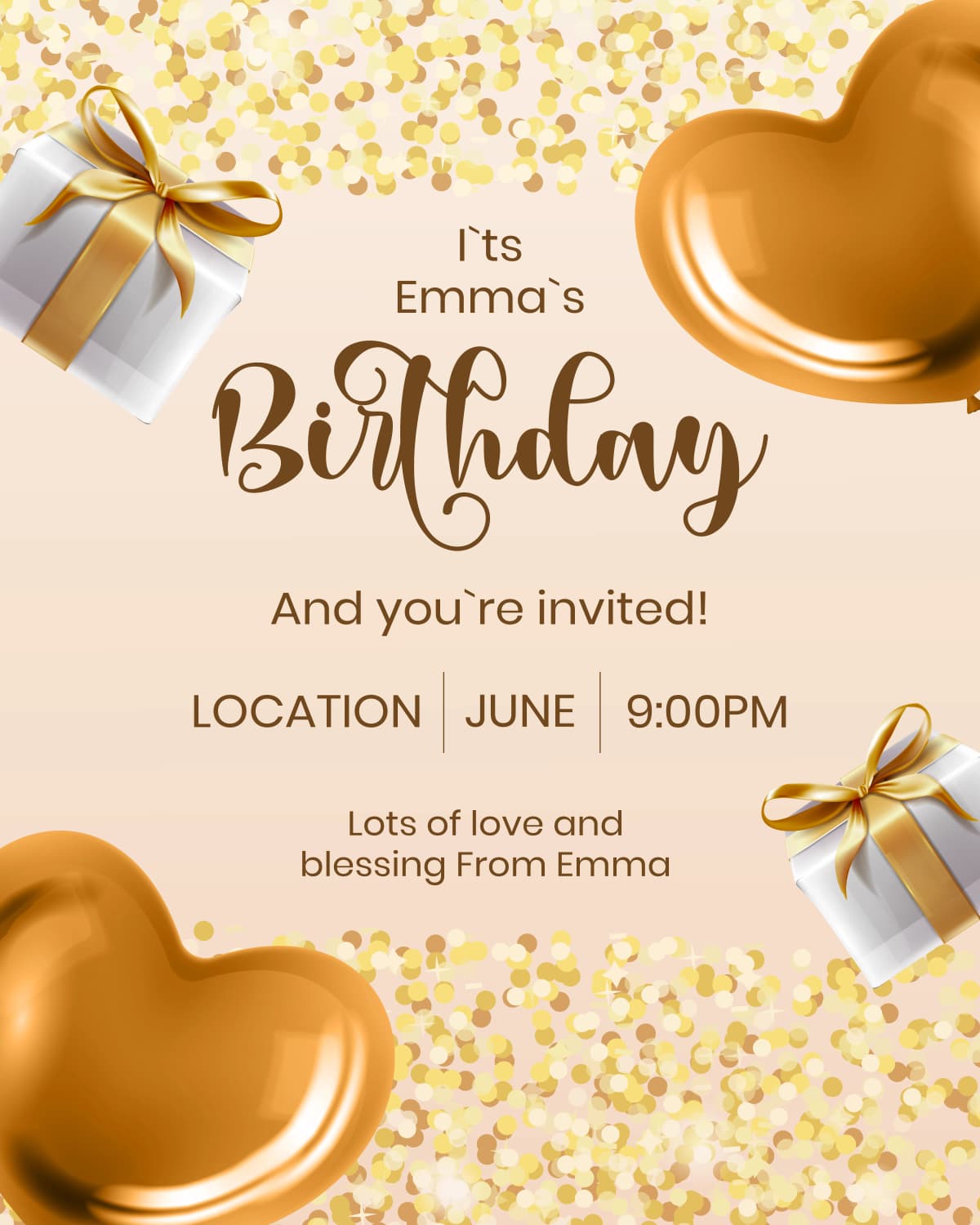 Golden Glam template preview - Luxurious gold hearts and balloons for a sophisticated, high-end party vibe