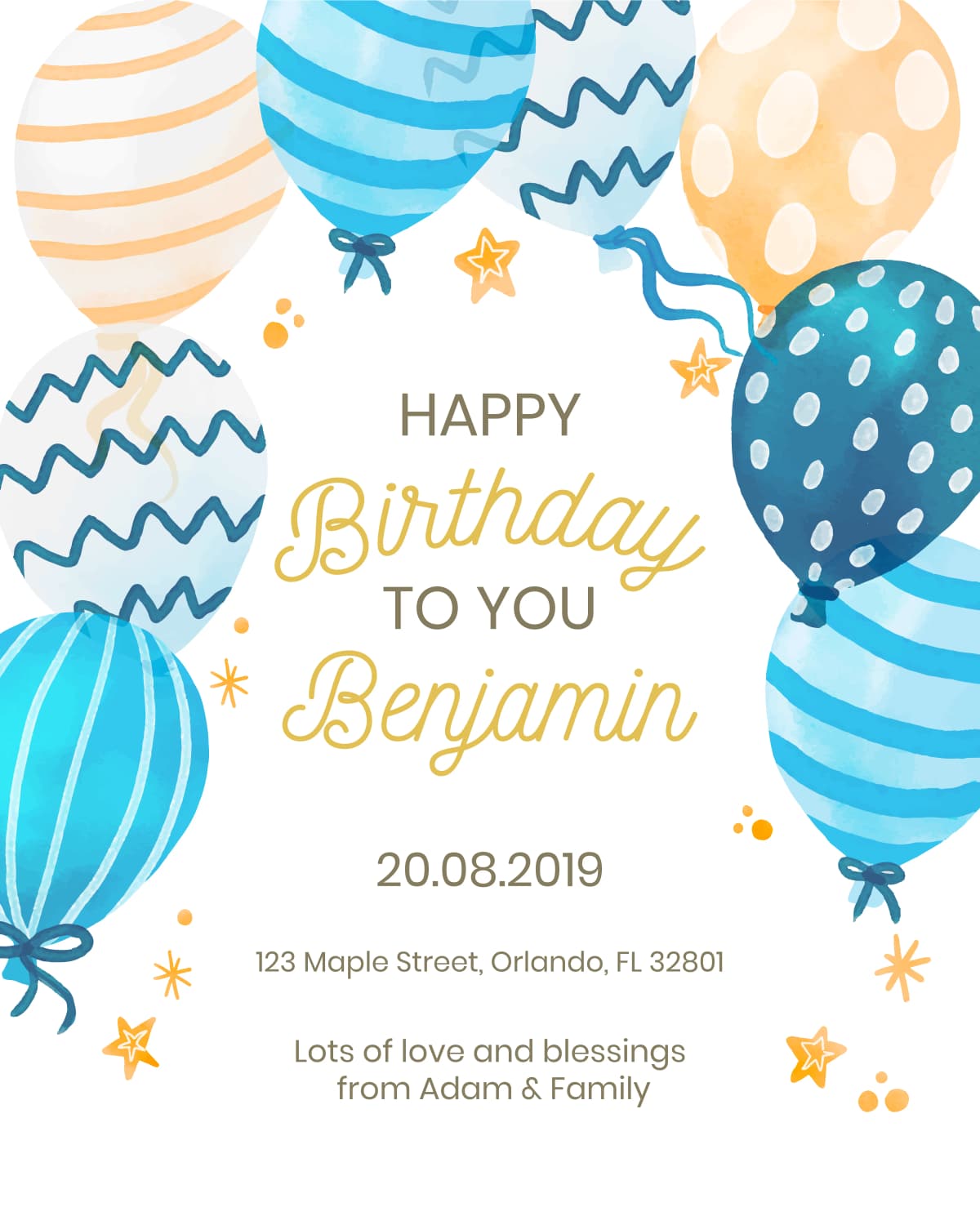 Blue Balloon Bash template preview - Cheerful blue patterns and festive stars, perfect for a little boy’s big day.