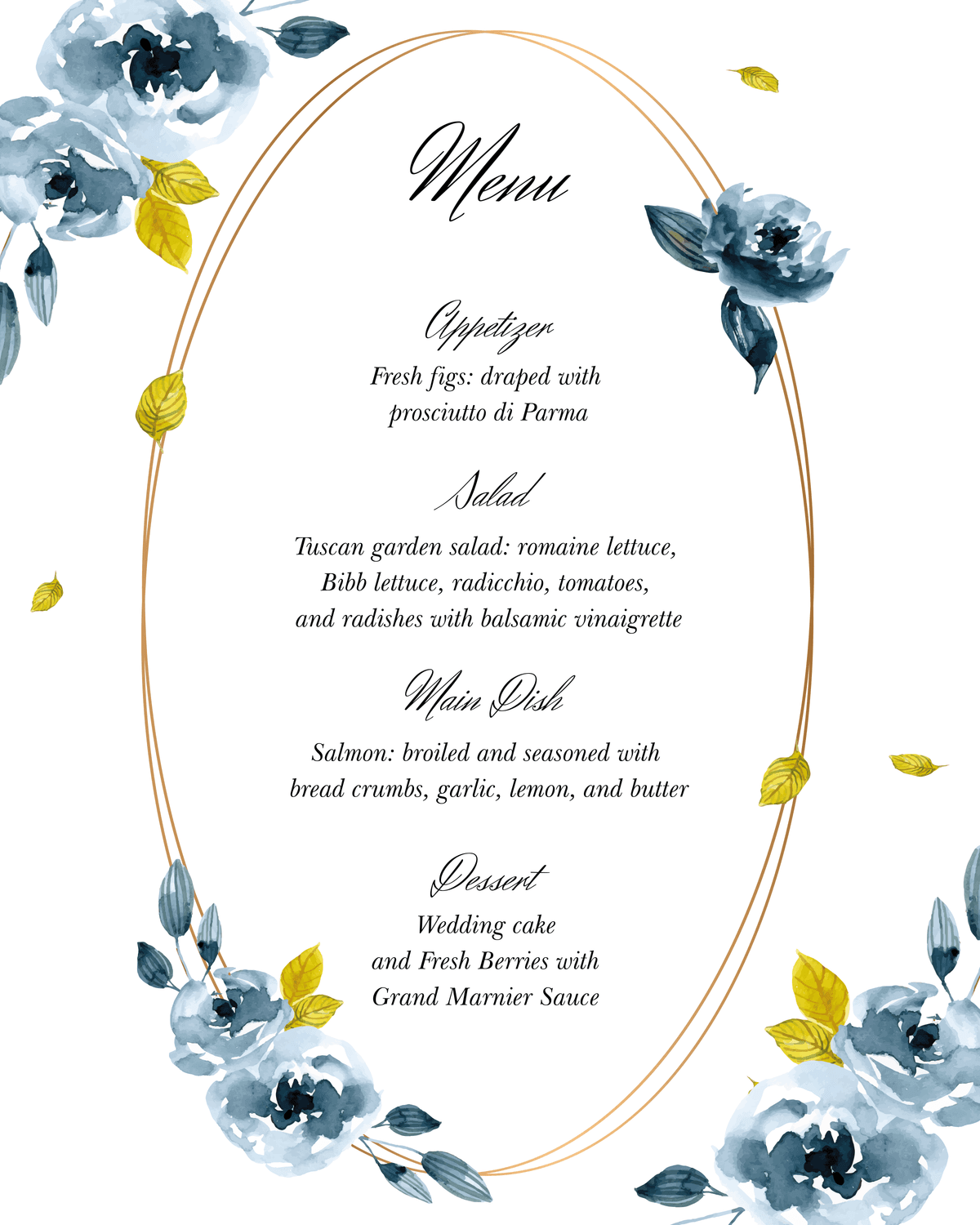 Dreamy Teddy template preview - Sophisticated blue roses and gold framing for a luxury dining experience