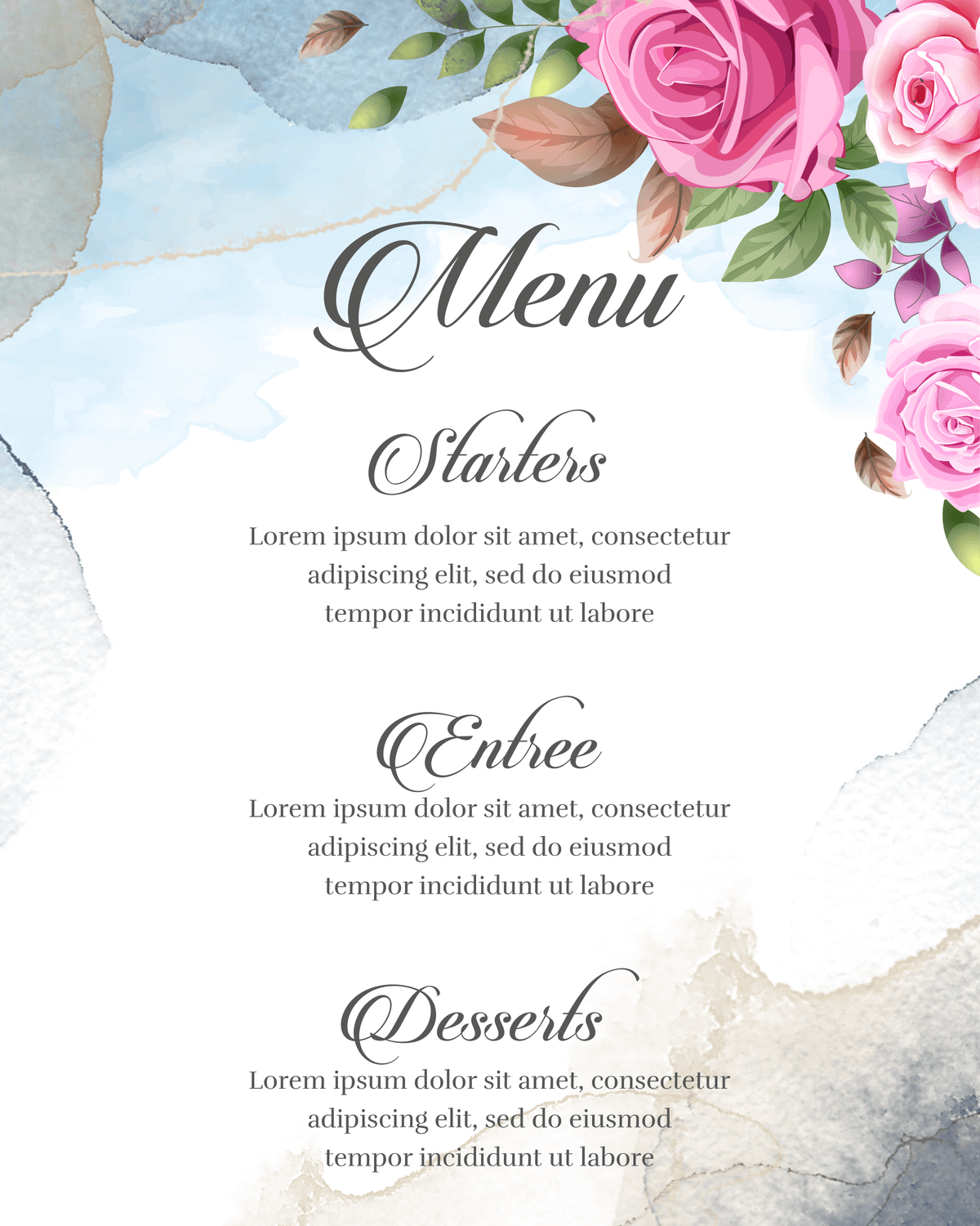 Rose Garden Menu template preview - Sophisticated floral borders to showcase your delicious celebration feast